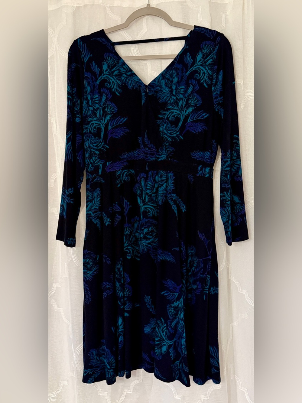 Soma Teal Floral Faux Wrap Dress Large Black Blue 3/4 Sleeve
